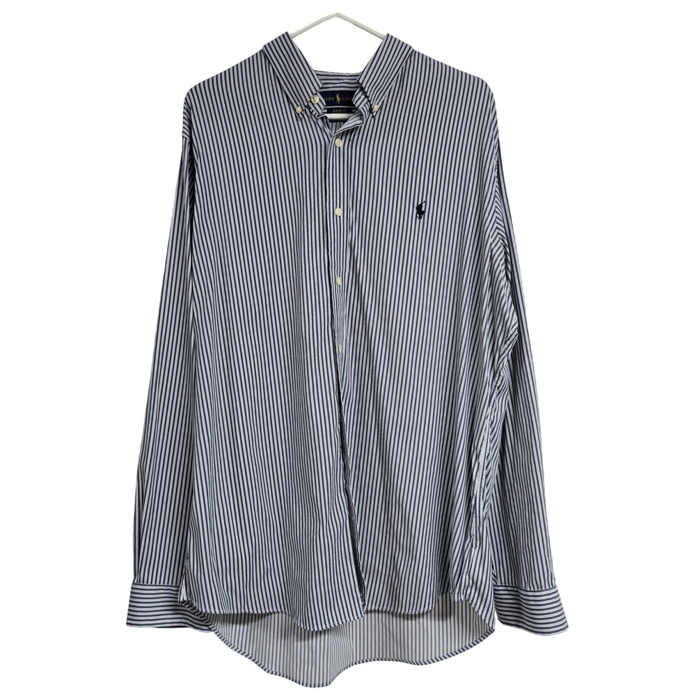 Ralph Lauren Classic Fit Performance Shirt Blue White Striped Nylon Men's Sz XL